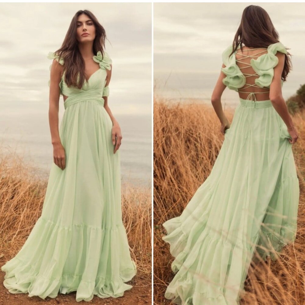 Mac Duggal Ruffle-Sleeve V-Neck Tiered Chiffon Maxi Dress - Green NWT Size 8